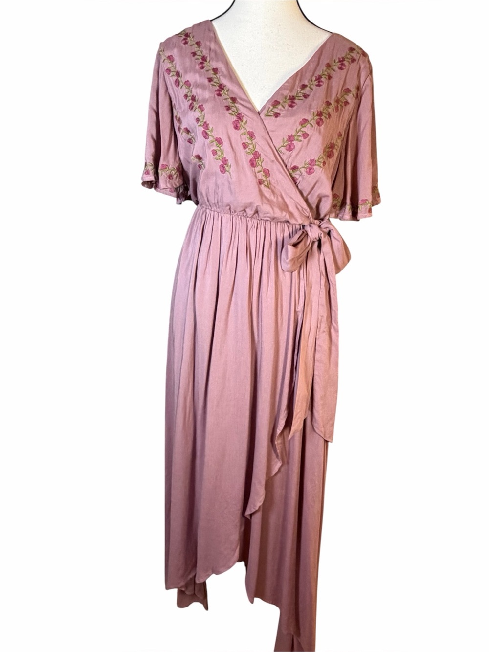 JODIFIL Embroidered Faux Wrap Maxi Dress Mauve Pink M Floral Boho Cottagecore